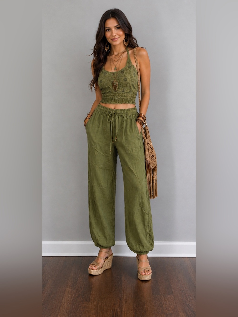 ⭐️Olive Green Tie-Back Halter Top and Pants Set